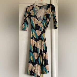 French Connection Black and Green Leaf Print Wrap Dress